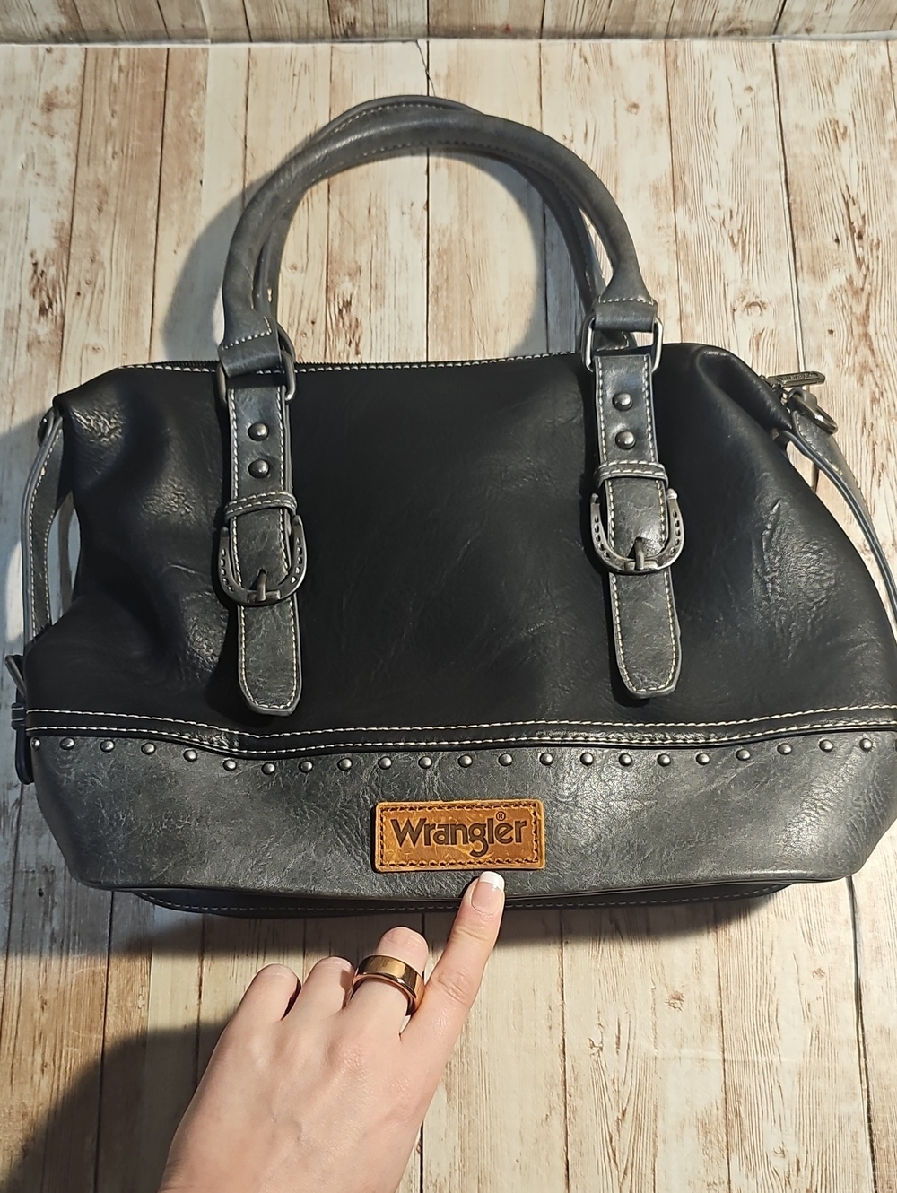 Wrangler Doctor Bag -Black and Gray Two-Tone Satchel with Stud Trim